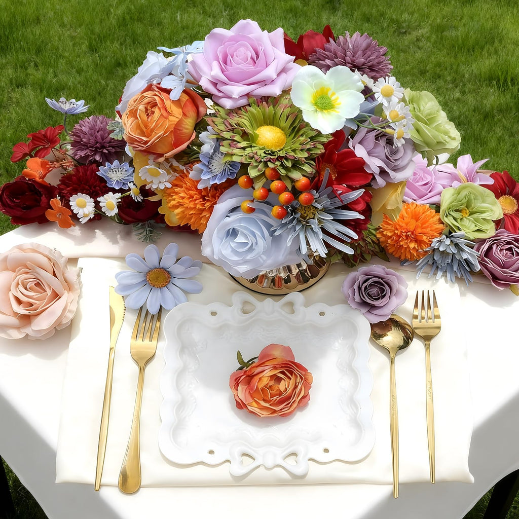 Artificial Combo Box Set, 38pcs Mix Dahlia Silk Roses, Daisy & with Stems for DIY Wedding Bouquets, Bridal Shower