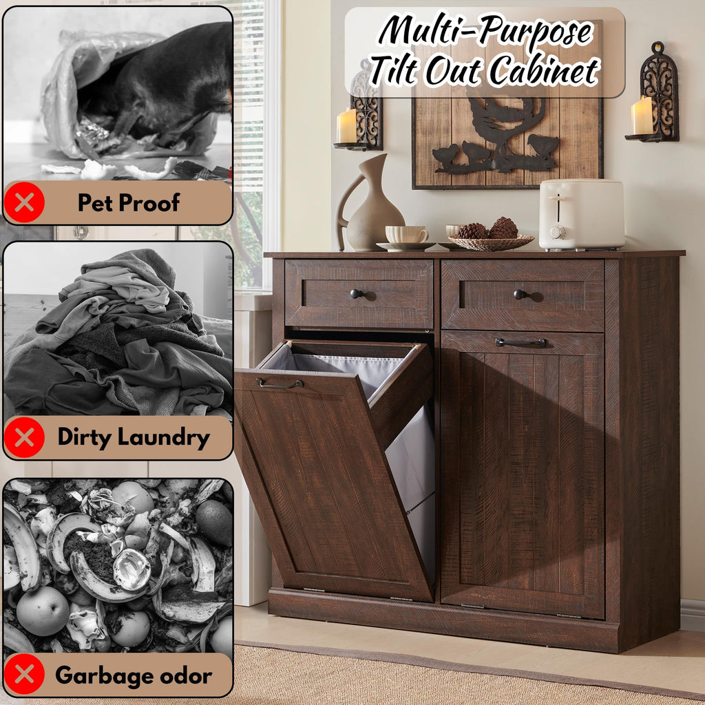 Double Tilt Out Laundry Hamper Cabinet, Trash Cabinet, Brown