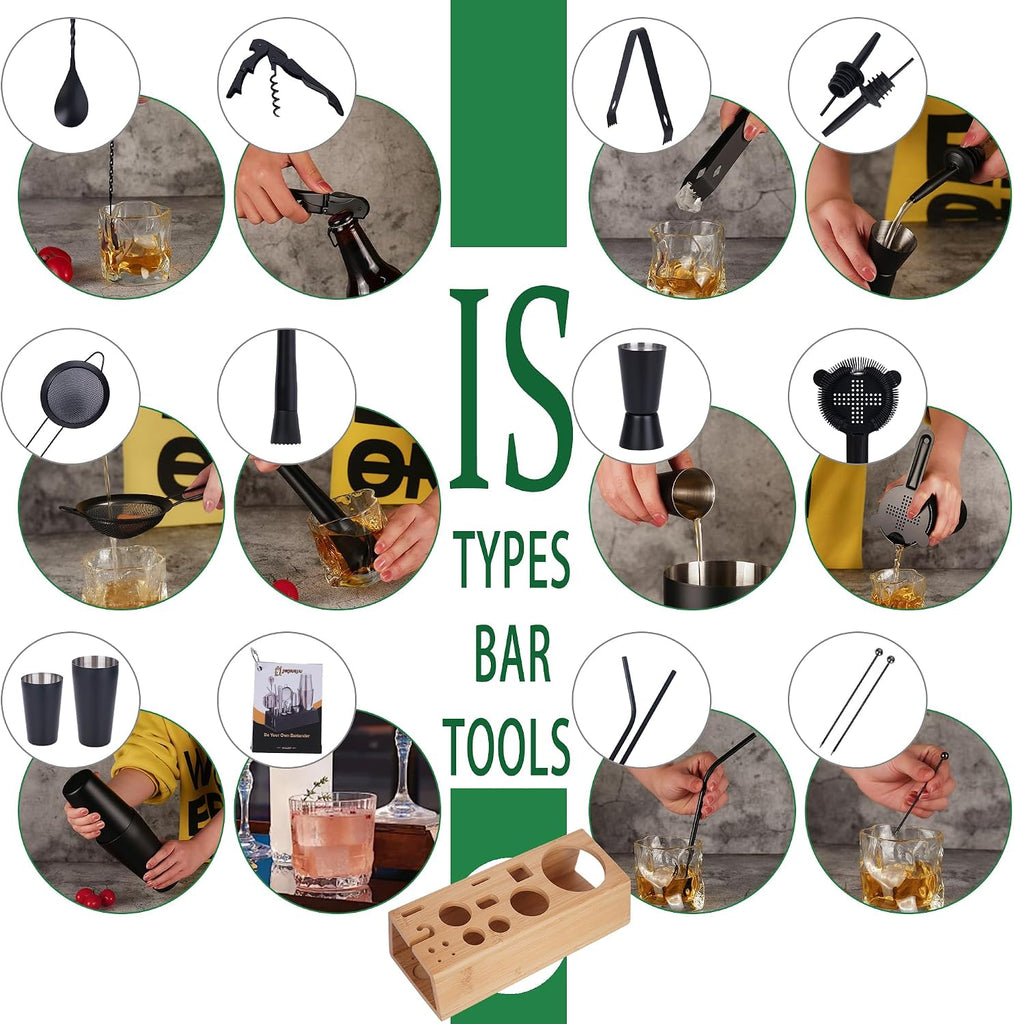 Cocktail Shaker Set Bartender Kit with Bamboo Stand, 15-Piece Stainless Steel Bar Set Accessories, Professional - Set of 15