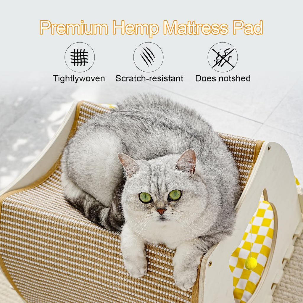 Cat House Indoor, Cat Cave, Modern Kitten Bed with Scratch Pad and Fluffy Ball, Wooden Frame with Cushion