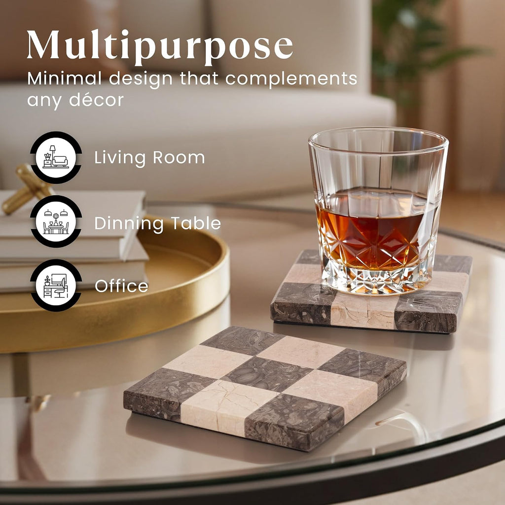 Marble Coasters, Oceanic & Verona Handmade 4 inch Square Stone Coaster, Decorative Checkered Cup Coaster - Set of 4