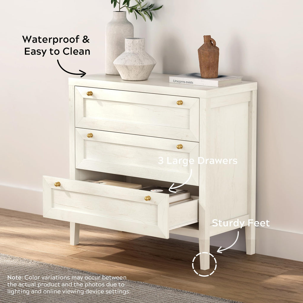 3 Drawer Dressers Set of 2, Farmhouse Chest of Drawers with Golden Handles, Large Wood Tall Nightstand, Storage