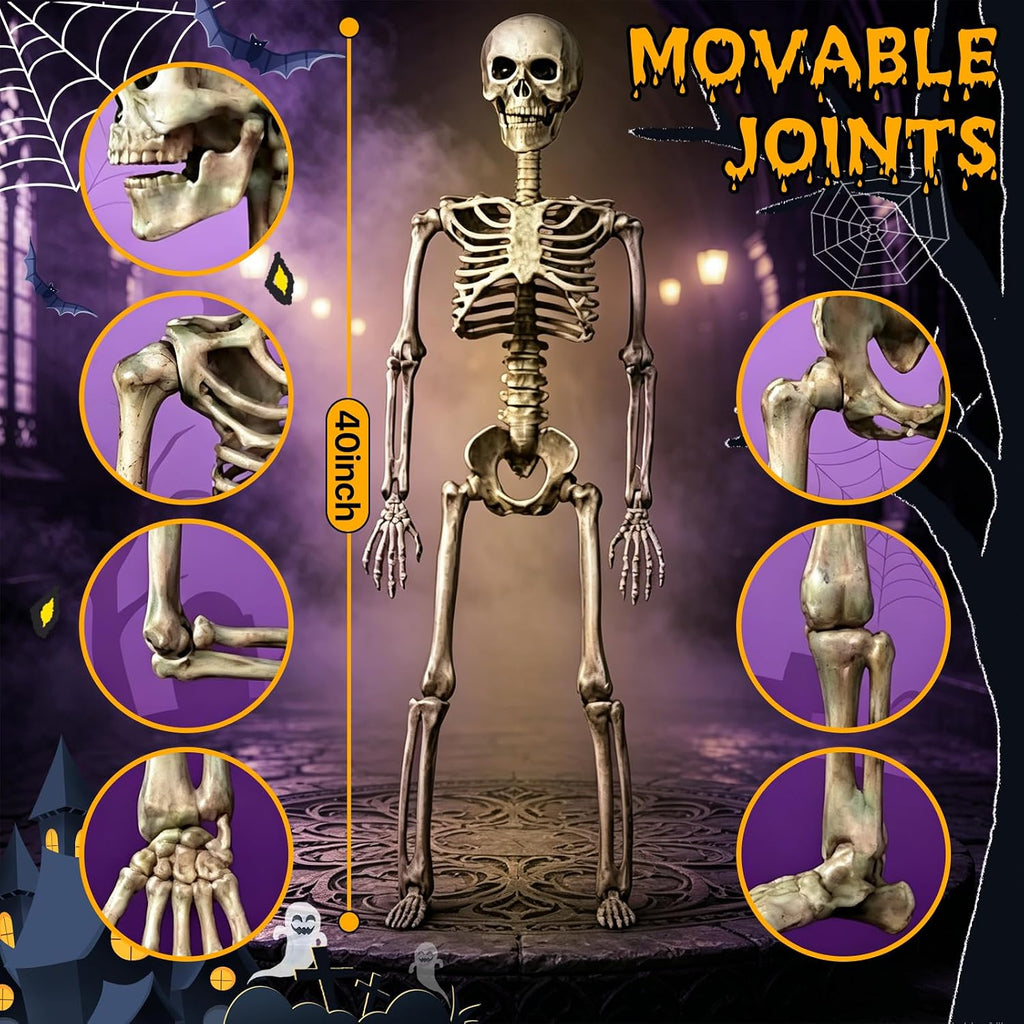 2-Pack 40" Pose-N-Stay Halloween Skeletons, Life-Size Full Body Realistic Posable Skeleton with Movable Joints - Set of 2
