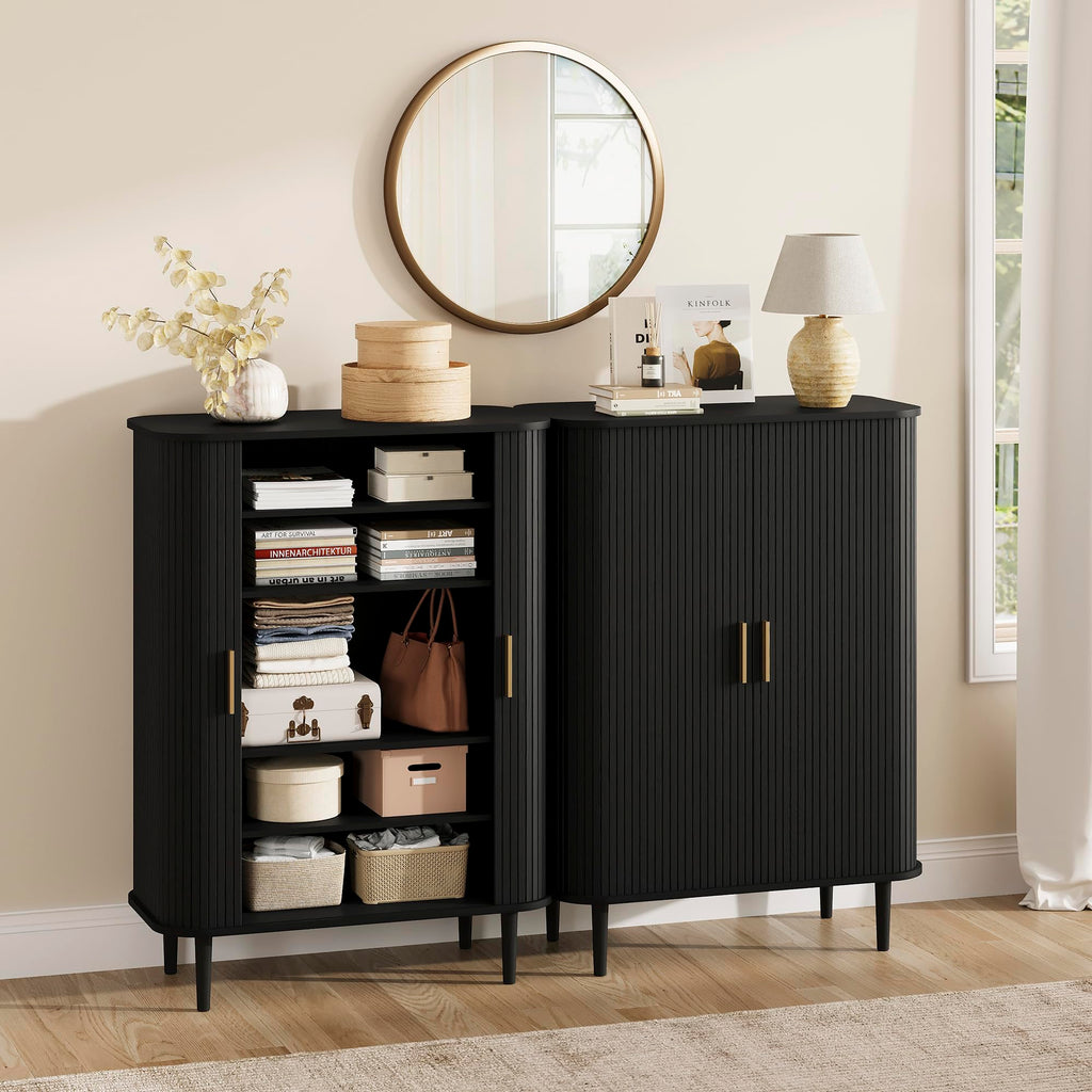 Shoe Storage Cabinet with Sliding Door, 6-Tier Shoe Cabinet with Adjustable Shelves, Mid-Century Modern Freestanding