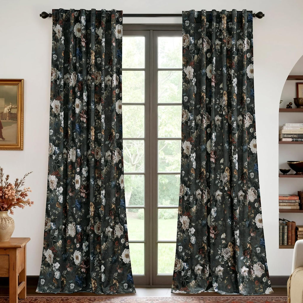 Green Velvet Curtains 102 inches Long, Printed Floral Vintage Design Home Decoration Super Soft Light Filtering