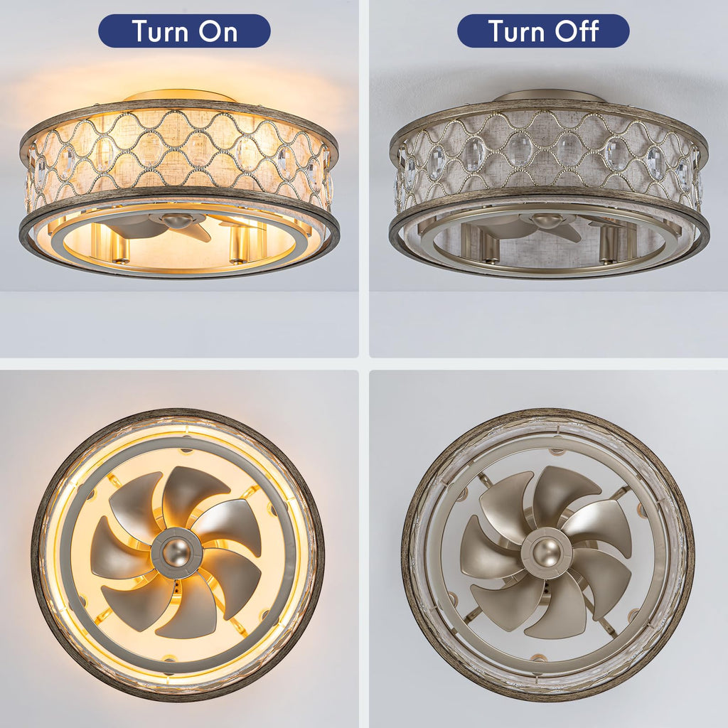 Low Profile Farmhouse Ceiling Fan with Light, 20" Rustic Flush Mount Ceiling Fans with Remote, Modern Caged Crystal