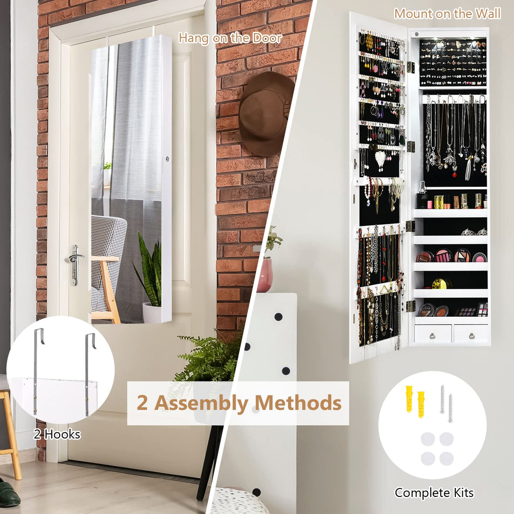 Wall Mounted Jewelry Armoire with Full Length Mirror & 2 LED Lights, Large Storage Capacity, Lockable Mirror Jewelry