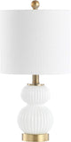 20" White/Brass Gold Ribbed Gourd Glass Table Lamp, Modern Bedside Lamp Living Room, White Linen Drum Shade