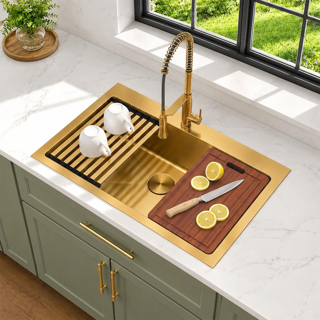 31 Inch Gold Drop- Sink, 16 Gauge Workstation Sink