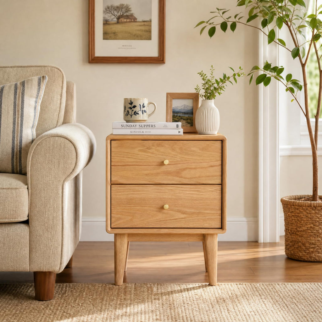 Solid Oak Nightstand with 2 Drawers, Mid Century Modern Nightstands, Light Wood Night Stand, Wood End Side Table for