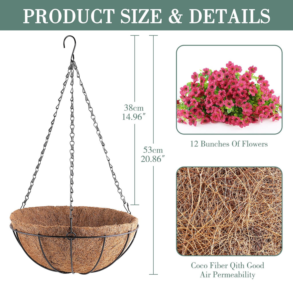 Artificial Hanging Flowers with Baskets for Outdoors(Rose Red)
