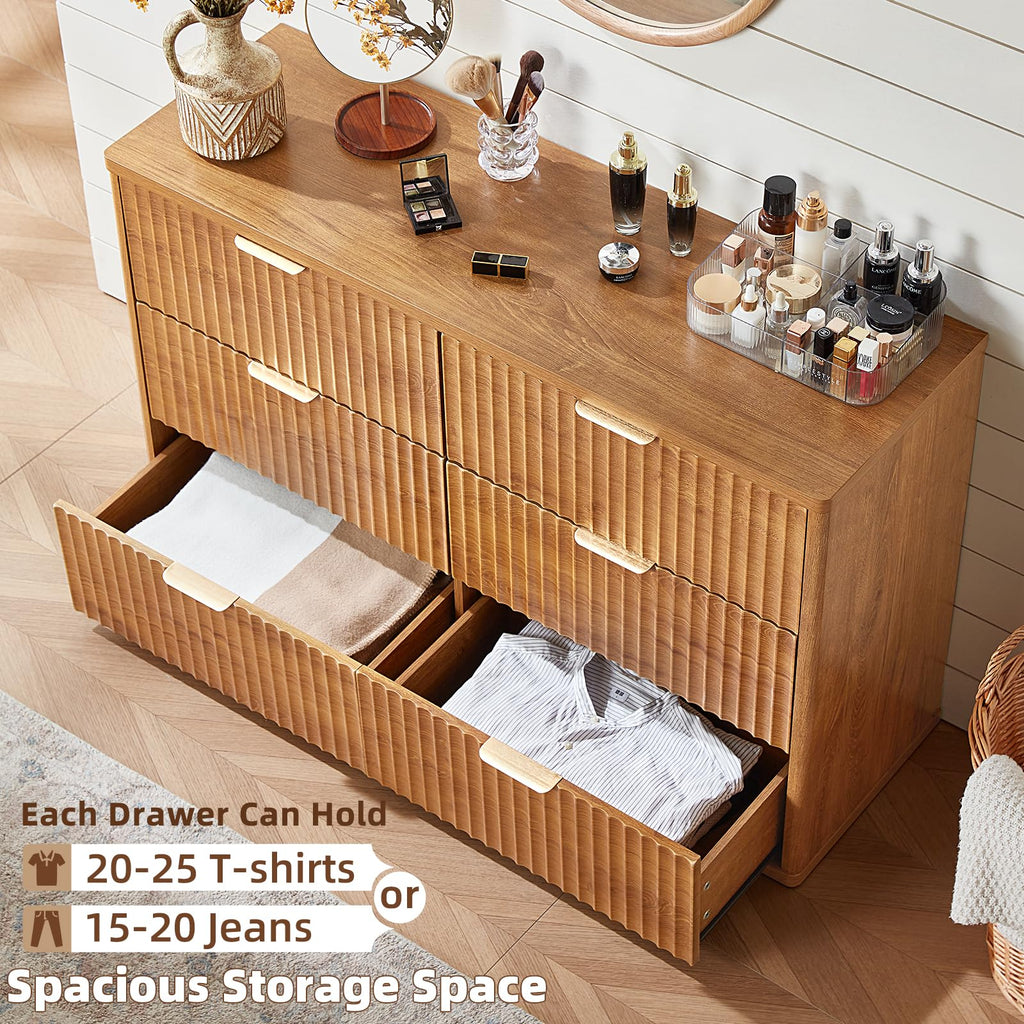 Fluted 6 Drawers, 48" Wide Farmhouse Chest of Drawers with Metal Handle, Curved Profile Modern Closet Organizer Wood