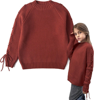 Girls Pullover Sweaters, Lace-up Long Sleeve Crewneck