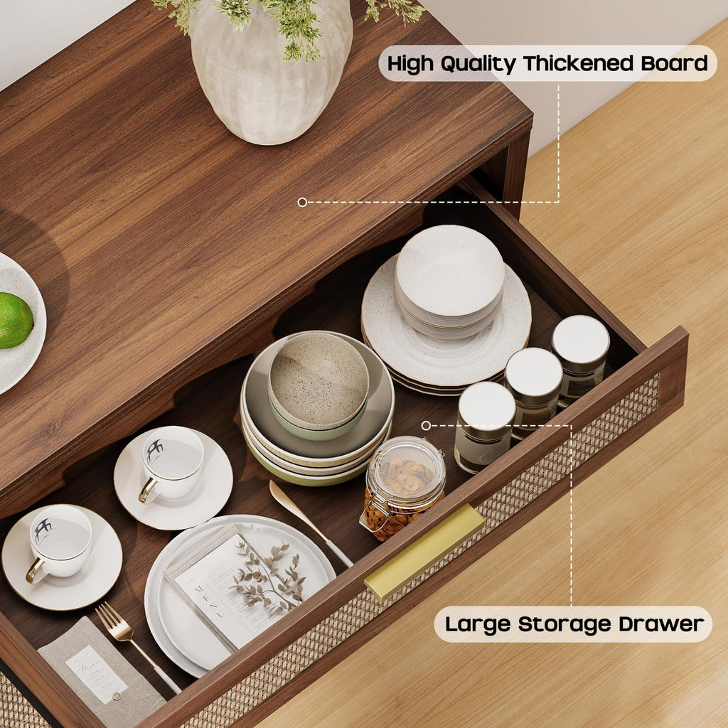 Rattan Buffet Cabinet with Storage, Sideboard with Drawers, Doors and Shelves, Accent Cabinet, Farmhouse Coffee Bar