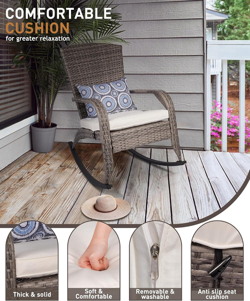 Outdoor Rocking Chair, Patio Rattan Rocker Chair with Cushions & Steel Frame, All Weather Porch Rocking Chair for