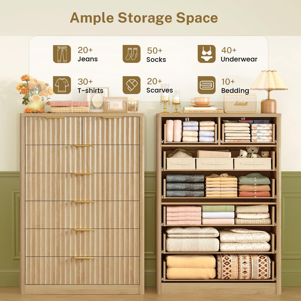 Fluted with 7 Drawers, 48" Tall Modern Chest of Drawers with Metal Handle, Wooden TV Stand, Wood Closet Clothes