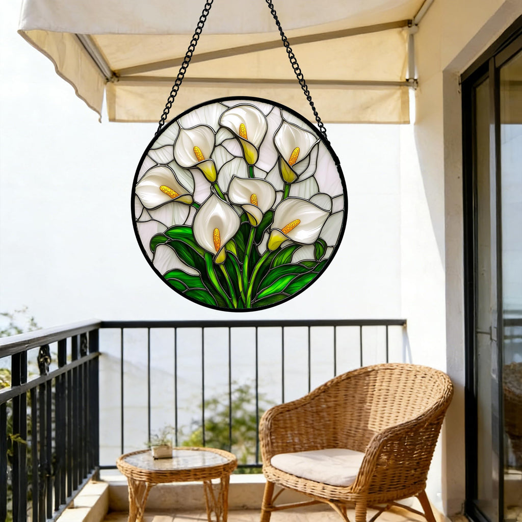 White Calla Lily Bouquet Stained Glass Window Hanging Suncatcher Gifts 12"