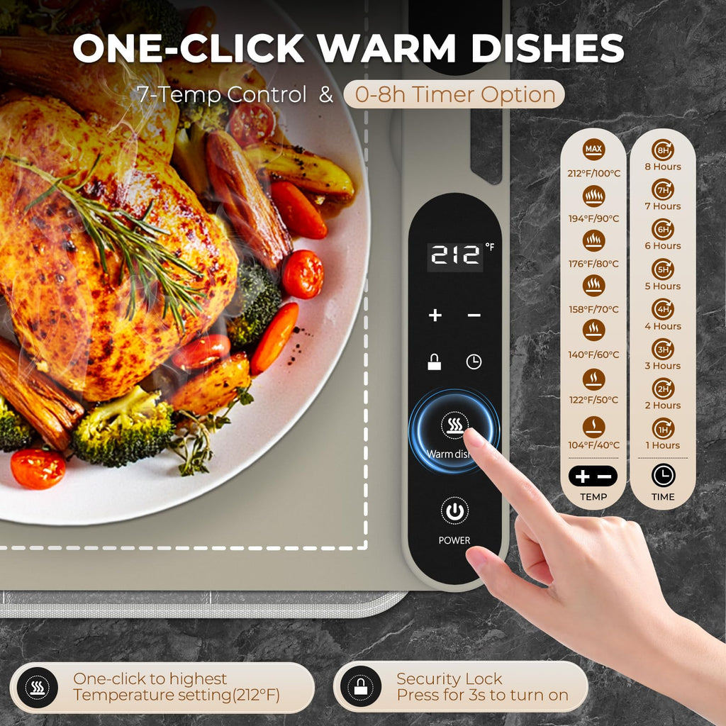 Warming Mat for Food - 7 Temps, 8H Timer, for Buffets Party Khaki