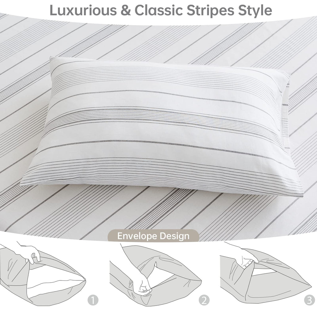 Linen Sheet Set 4 Pieces Natural Flax Cotton Flannel Sheets 14" Deep Pocket Horizontal Stripes Printed Soft