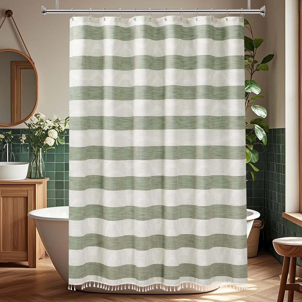 Boho Farmhouse Thick Shower Curtain with Tassels, Cotton Linen Soft Fabric Shower Curtain Heavyweight, Sage