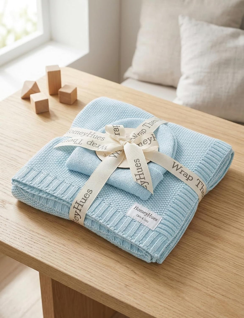 Newborn Baby Gift Set, Cotton Knit Blanket & Matching Beanie for Boys Girls