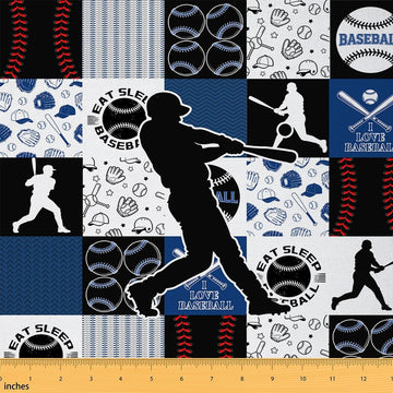 Baseball Player Waterproof Fabric by The Yard Sports Geometric Grid Blue Decorative Soft Polyester No Stretch and
