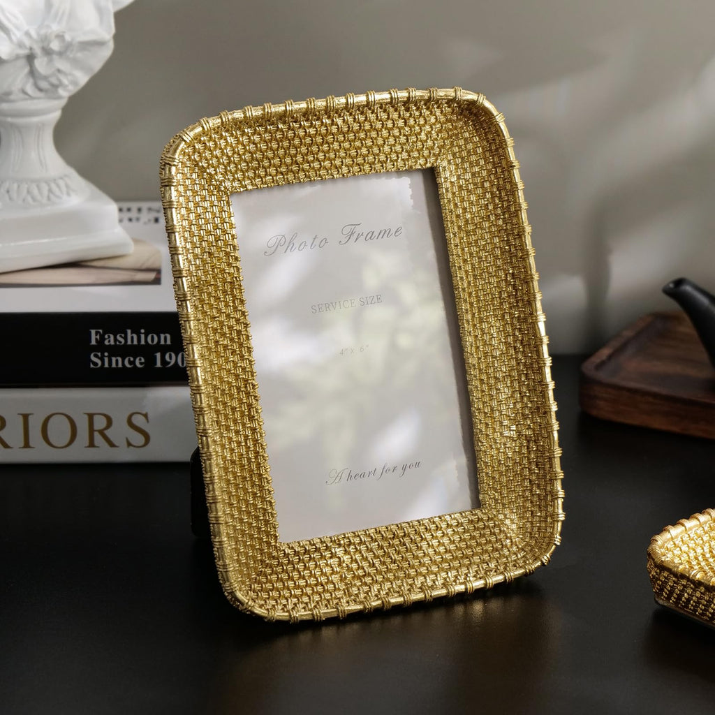 4x6 Gold Picture Frame, Vintage Rattan Textured Resin Photo Frame