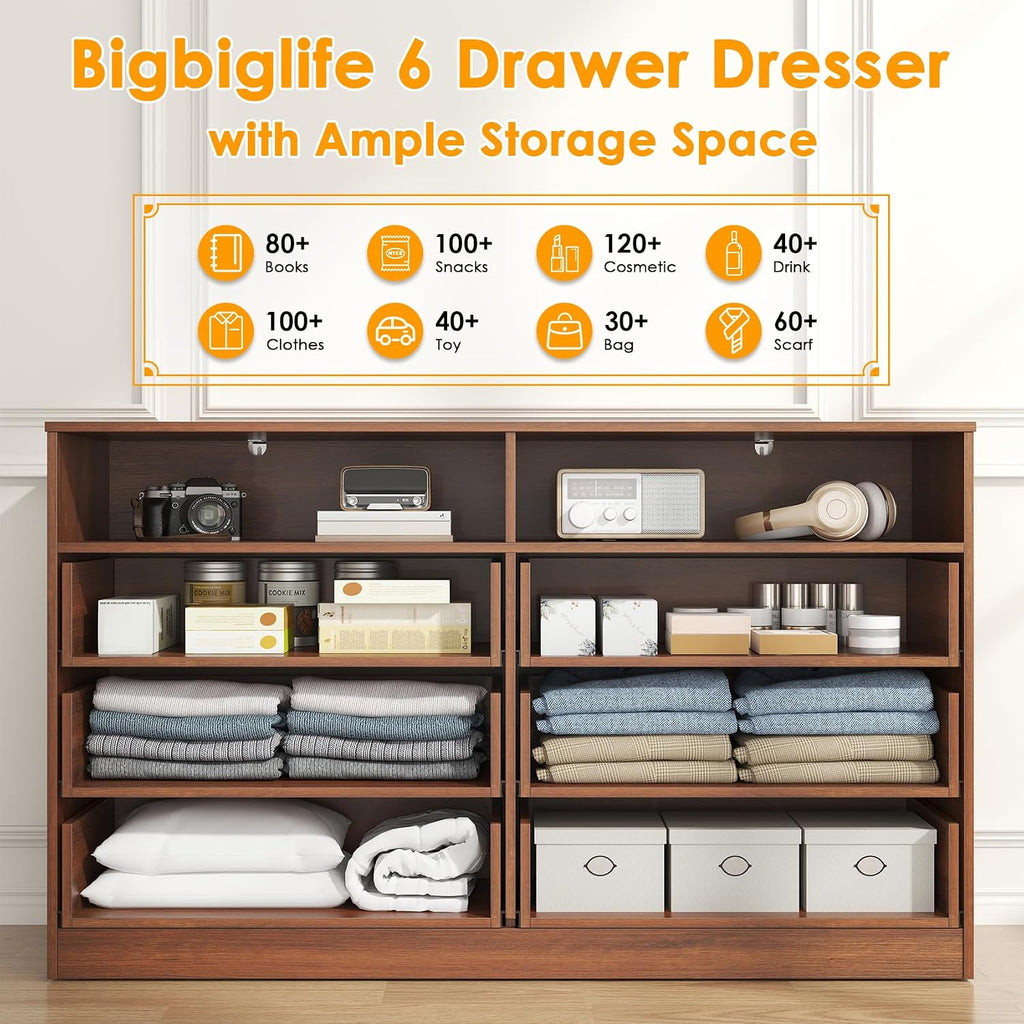 6 Drawers Dresser Wooden Drawer with Open Storage Cubby, Double Wide Dresser Organizer (Walnut Brown)