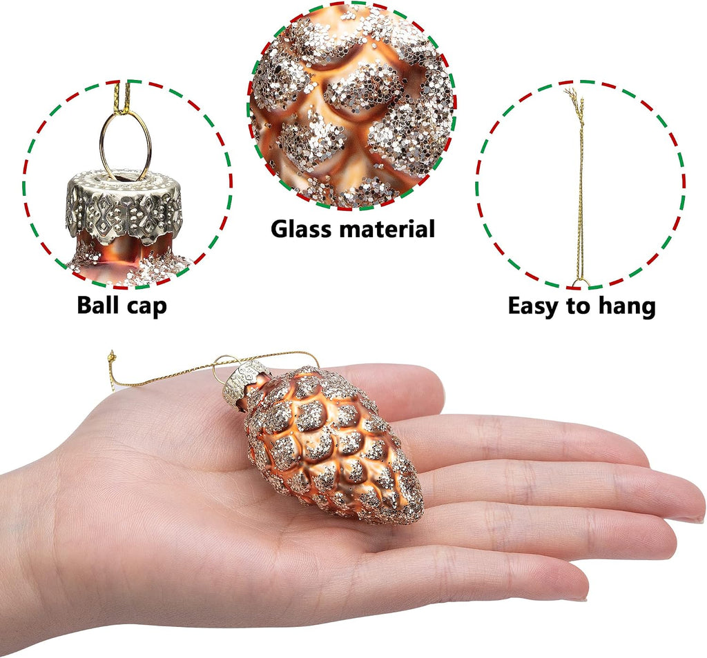Christmas Pinecone Glass Hanging Ornaments, Xmas Tree Pinecone Decor - Set of 12