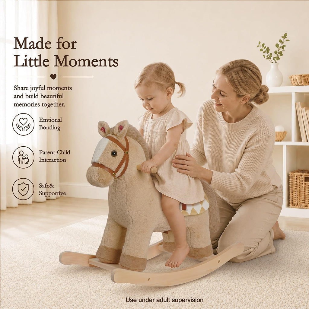 My Baby Rocking Horse for Toddlers 18M+, Light Brown Plush Ride-On Horse Toy with Realistic Galloping Sounds