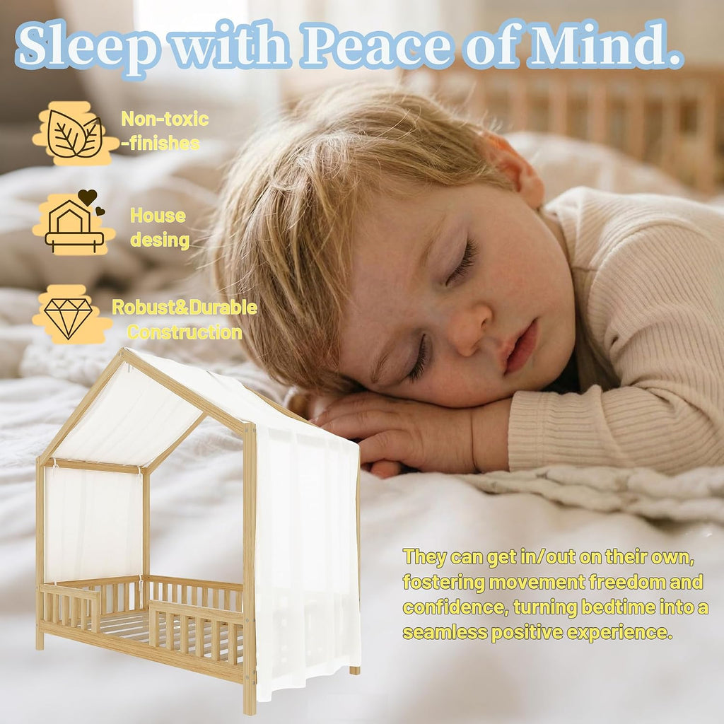 Tw Bed for Kids with High Rails, Montessori Floor Beds Twin with Roof & Canopy, Wood House Bed Frame for Boys Girls