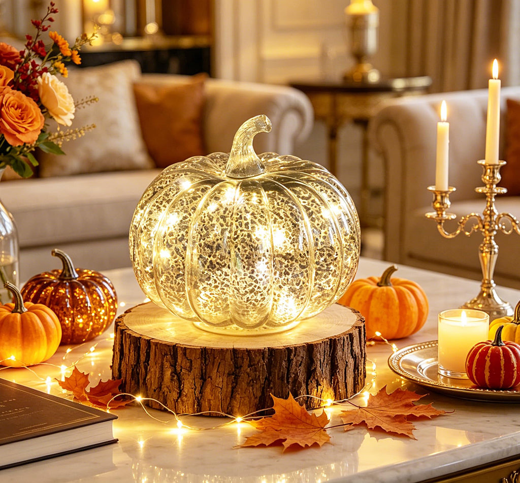 Decorations, Mercury Glass Pumpkin Lights with Timer(Silver)