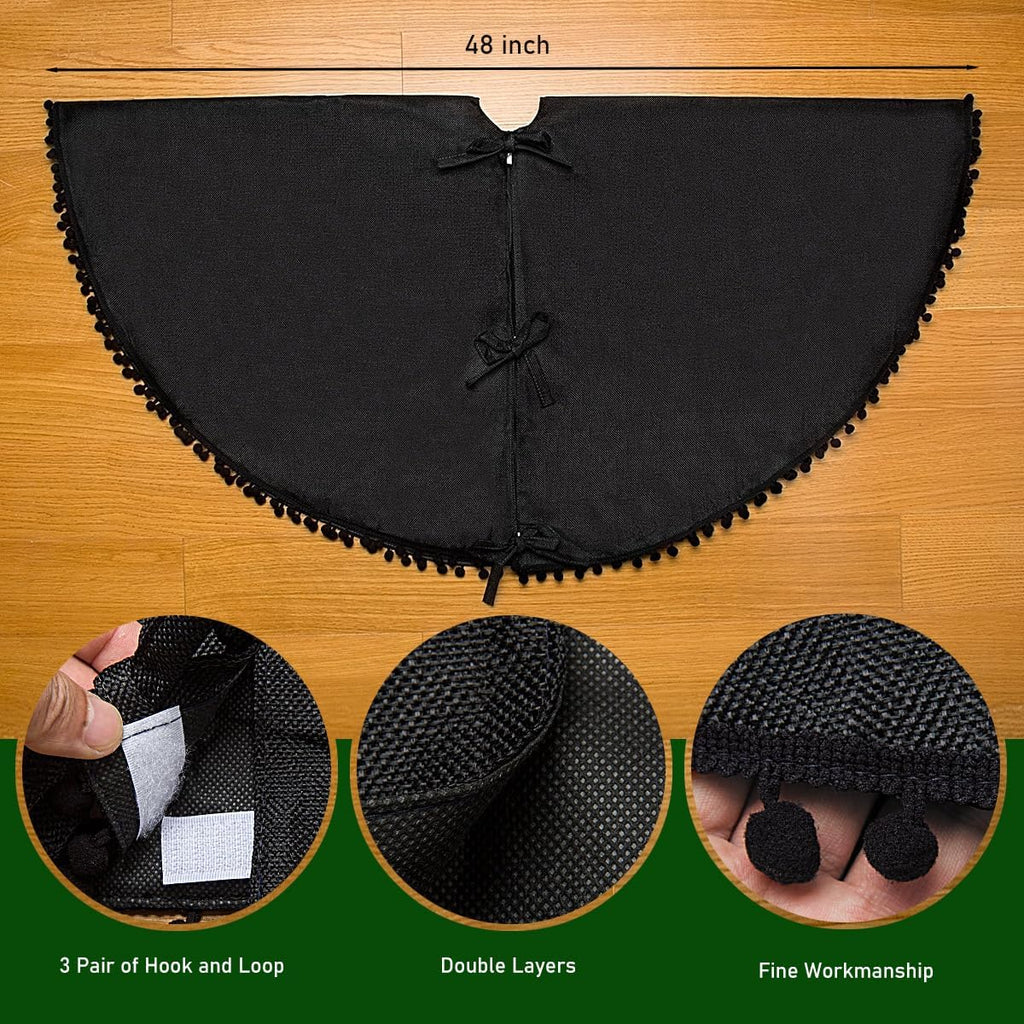 Christmas Tree Skirt, Black Christmas Tree Skirt 48 inches Soft Double Layer Burlap Tree Skirt with Pom Pom