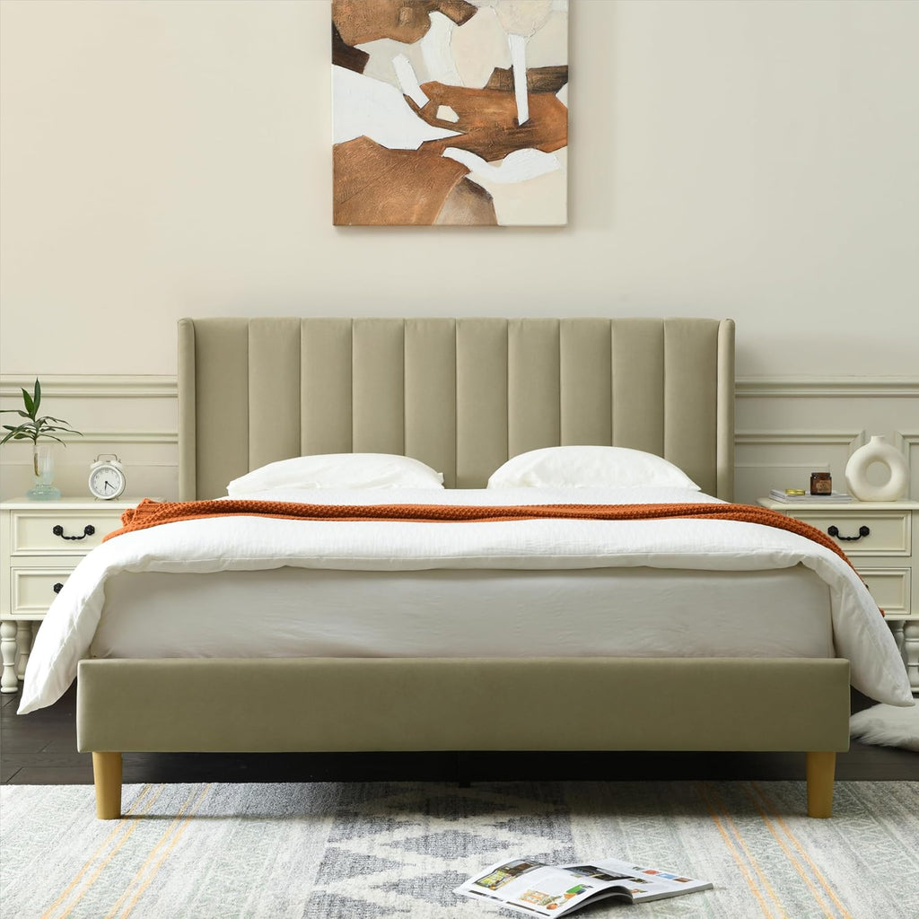 Upholstered Platform Bed Frame/Queen Bed Frame/Modern Geometric Double-Wing Design headboard/Linen Fabric/Easy to
