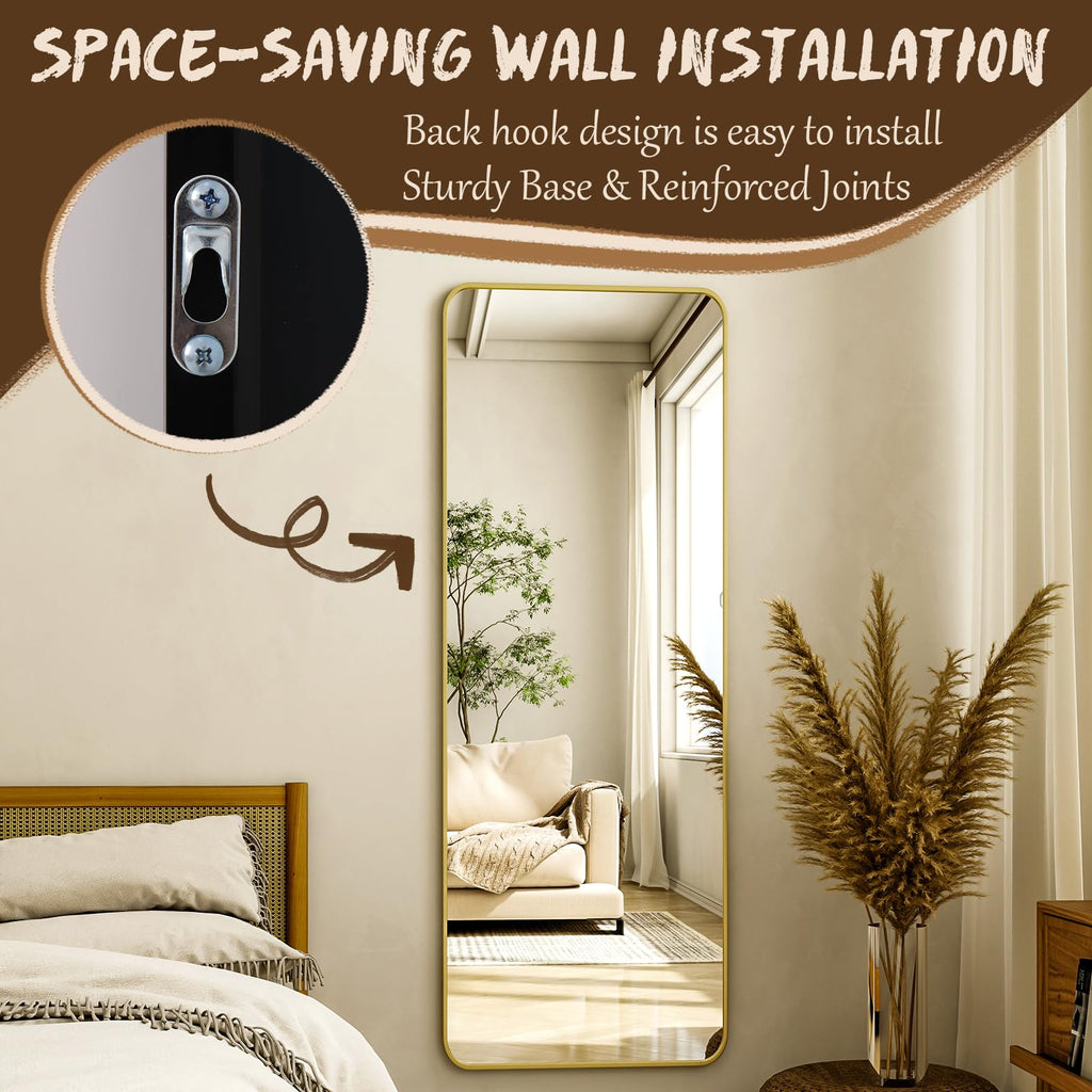 56"x21" Floor Full Length Mirror Standing Full Body Rounded Corner Rectangle Mirrors with Stand Hanging Wall Mounted