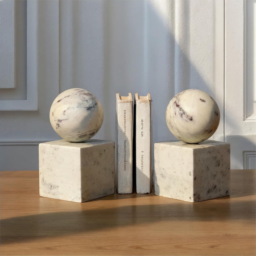 2-Piece Marble Geometric Bookends, White