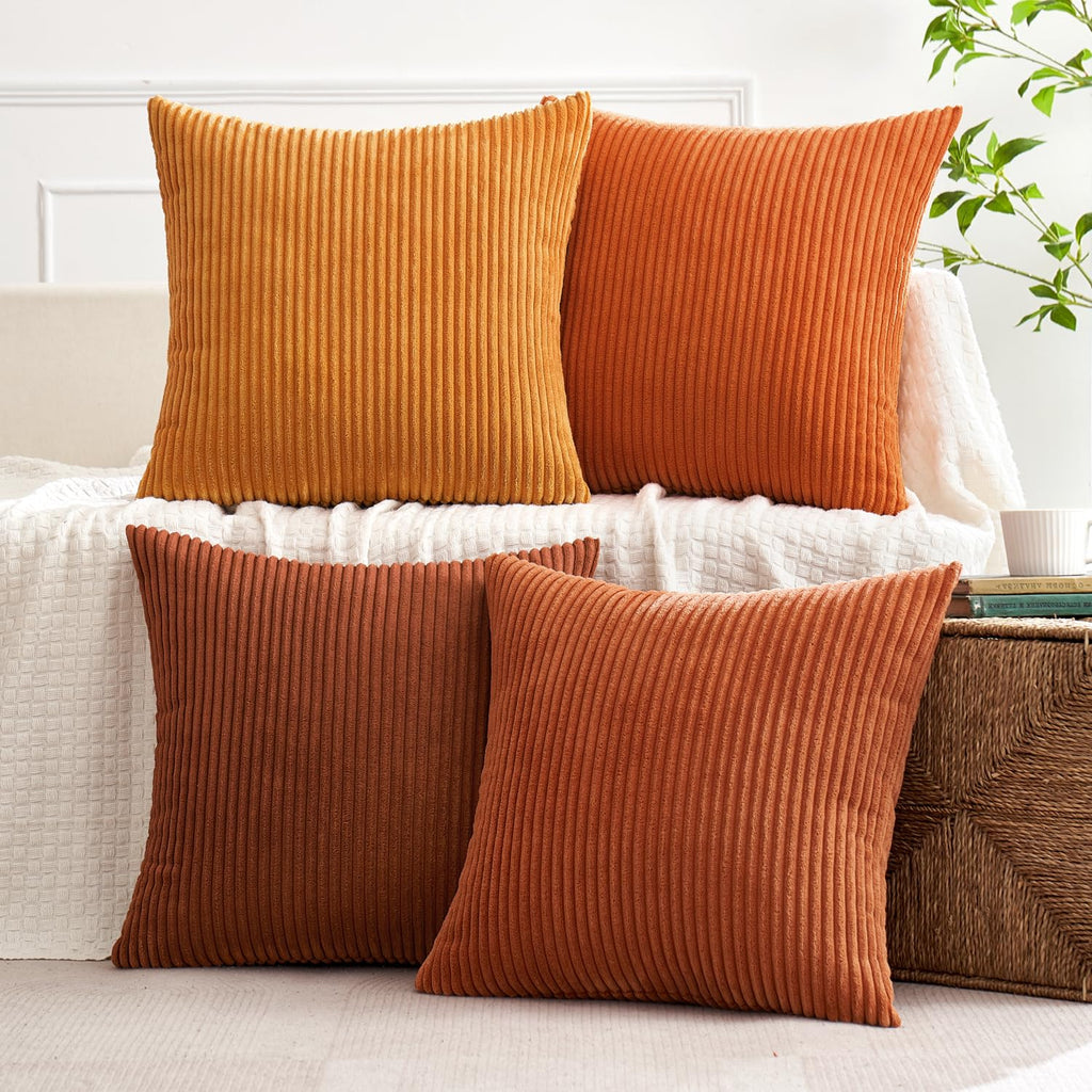 Fall Corduroy Decorative Throw Pillow Covers Orange Rust 18x18