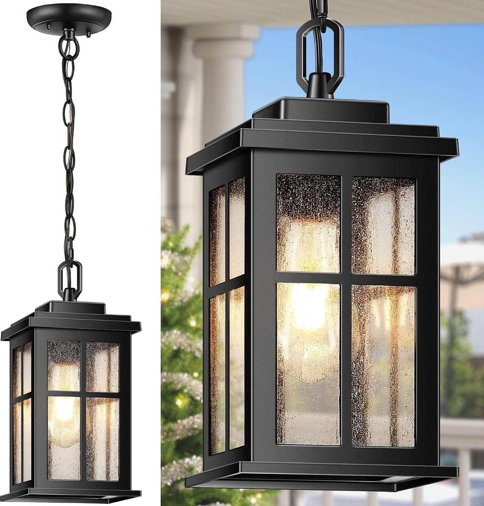 Outdoor Pendant Lights for Porch, Matte Black Outdoor Hanging Lights with Adjustable Chain