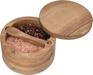 Acacia Wood Salt and Pepper Cellar with Swivel Magnetic Lid Serving Spoon inside 2-Compartment for Storing