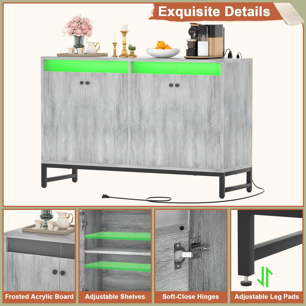 Sideboard Buffet Cabinet with Power Outlet, Doors, LED Light