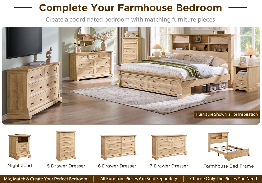 Farmhouse Bed Frame with Charging Station, 2 Footboard Drawers