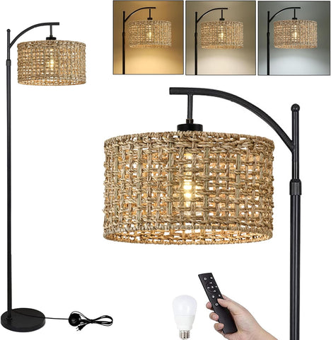 Arc Floor Lamp with Remote Control,Farmhouse Boho Floor Lamps with 3 Color Temperature
