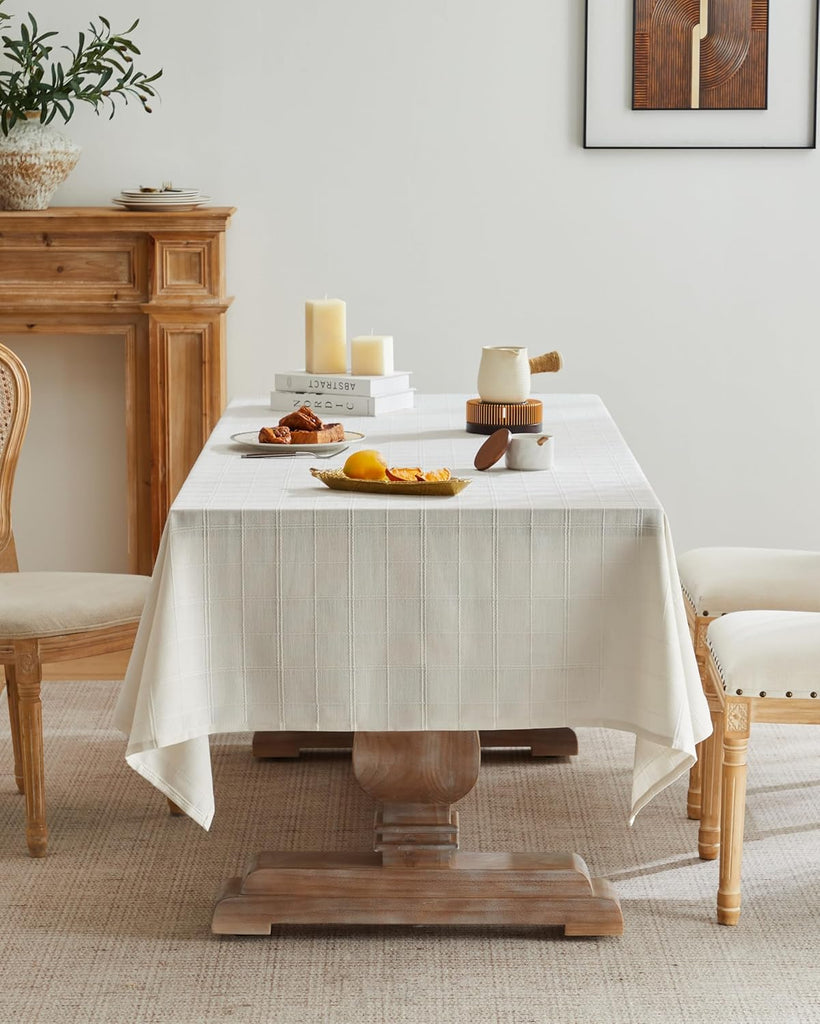 Linen Checked Table Cloth 60x104 Inches (Fit 6ft - 7ft, Narrow Fit 8ft Rectangle Table), Farmhouse Style Plaid