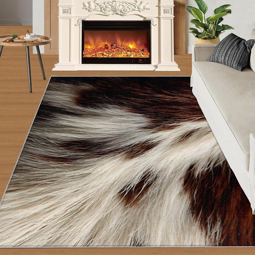 Animal Hide Print Area Rug Gradient Fur Texture Bedroom Rug | Cream Hair Strands Rugs , Indoor Carpet, Low-Pile & Non