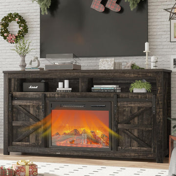 58" Farmhouse TV Stand with Fireplace, Entertainment Center w/Sliding Barn Door, Rustic Media Console with 2 Storage