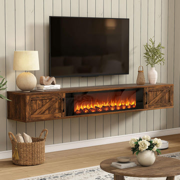 Floating TV Stand with 36" Electric Fireplace, 70" Farmhouse Entertainment Center for TVs Up to 80" Wall Mounted
