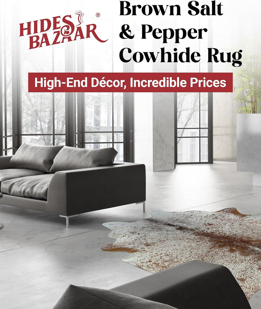 Brown Salt and Pepper Cowhide Rug 6x7 ft, Real Leather Rug | Brown and white salt and pepper speckles. Genuine hair