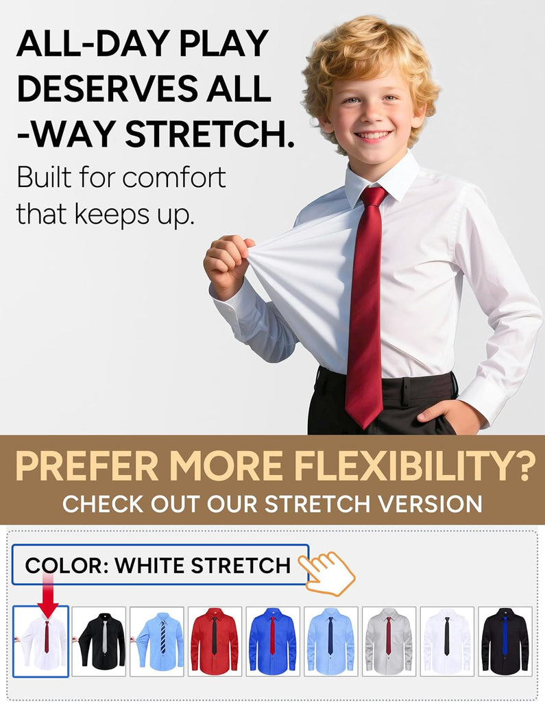 Boys Long Sleeve Button-Down Dress Shirts with Tie: 2 Fabrics (Stretch/Standard) & 2 Fits (Regular/Husky)