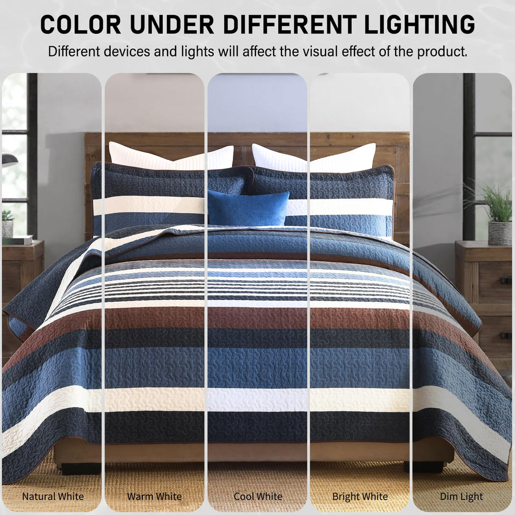 100% Cotton Quilt Set, Modern Stripe Pattern, Navy/Brown