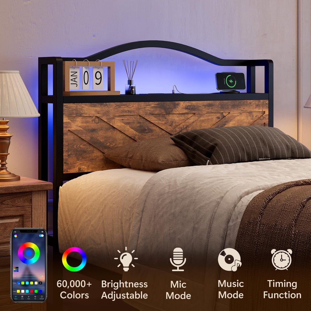 Bed Frame, Farmhouse Storage Headboard, LED Lights, Brown